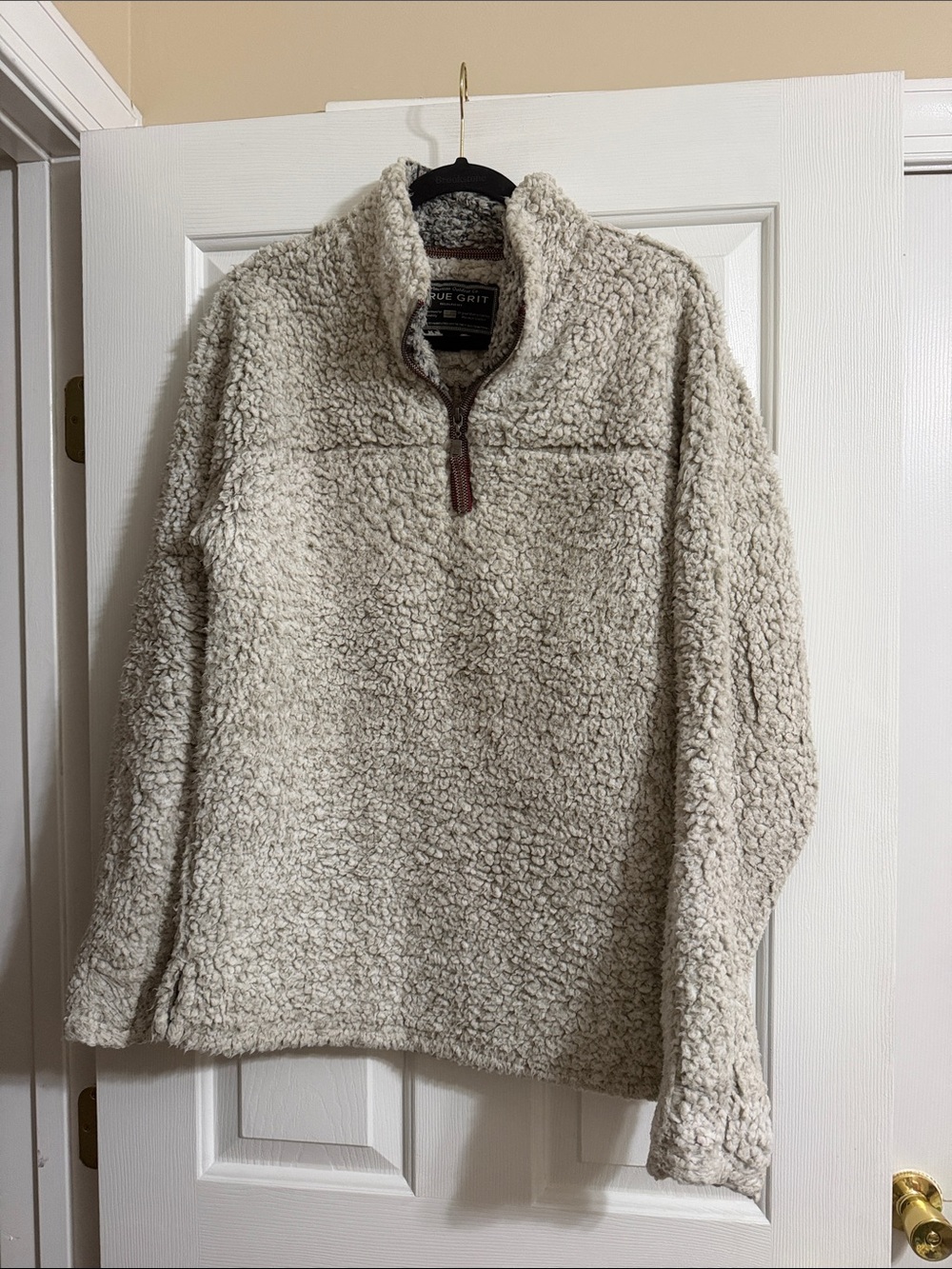 True Grit Tan Cream Gray Sherpa Fuzzy Winter Quarter Zip Pullover Size XS